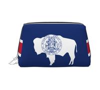 Silver Leather Makeup Bag - Wyoming State Flag Print Travel Cosmetic Bags, Portable Toiletry Organizer, Zipper Pouch for Daily Use