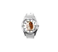 Silver Leather Round Watch for Guinea Pig Fans - Stainless Steel Case, Quartz Movement, 24cm Strap + Free Gift Bag