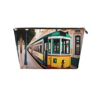 Silver Leather Travel Toiletry Bag â€“ Reusable Lisbon Tram Pattern Print Cosmetic Makeup Organizer Pouch â€“ Portable Soft Storage Bag