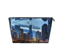 Silver Leather Travel Toiletry Bag - Chicago Illinois USA Print Cosmetic Makeup Organizer Pouch, Makeup Bag for Daily Use & Travel