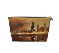 Silver Leather Travel Toiletry Bag - Chicago Print Cosmetic Makeup Organizer Pouch, Makeup Bag for Daily Use & Travel