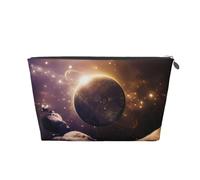 Silver Leather Travel Toiletry Bag - Cosmic Shining Planet Print Cosmetic Makeup Organizer Pouch, Makeup Bag for Daily Use & Travel
