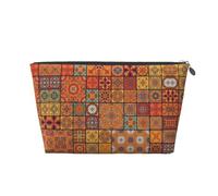 Silver Leather Travel Toiletry Bag - Group of Moroccan Geometric Print Cosmetic Makeup Organizer Pouch, Makeup Bag for Daily Use & Travel