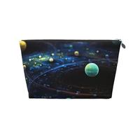 Silver Leather Travel Toiletry Bag - Outer Space Planets Print Cosmetic Makeup Organizer Pouch, Makeup Bag for Daily Use & Travel