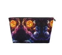 Silver Leather Travel Toiletry Bag - Planet Print Cosmetic Makeup Organizer Pouch, Makeup Bag for Daily Use & Travel