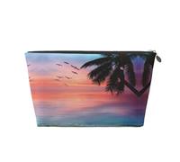 Silver Leather Travel Toiletry Bag - Reusable Coconut Palm Tree Sandy Beach Print Storage Bag, Toiletry Shaving Kit for Daily Use, Vacation