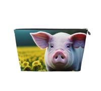 Silver Leather Travel Toiletry Bag - Reusable Rape Flower Pig Print Cosmetic Makeup Organizer Pouch - Portable Soft Storage Bag