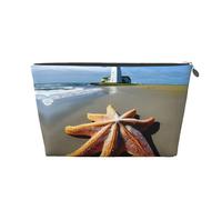 Silver Leather Travel Toiletry Bag - Reusable Starfish Lighthouse Beach Print Cosmetic Makeup Organizer Pouch - Portable Soft Storage Bag