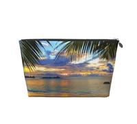 Silver Leather Travel Toiletry Bag - Reusable Sunset at The Beach Print Storage Bag, Toiletry Shaving Kit for Daily Use, Vacation