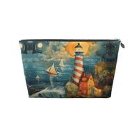 Silver Leather Travel Toiletry Bag - Reusable The Seaside Lighthouse Print Cosmetic Makeup Organizer Pouch - Portable Soft Storage Bag