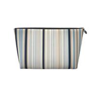 Silver Leather Travel Toiletry Bag - Spacious Blue Beige Stripe Pattern Cosmetic Makeup Accessories Organizer, Women's Purse with Zipper