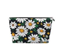 Silver Leather Travel Toiletry Bag - Spacious Floral Flowers Daisies Cosmetic Makeup Accessories Organizer, Women's Purse with Zipper