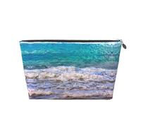 Silver Leather Travel Toiletry Bag - Spacious White Beach Tropical Sea Cosmetic Makeup Accessories Organizer, Women's Purse with Zipper