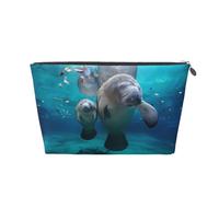 Silver Leather Travel Toiletry Bag - West Indian Manatees Print Portable Cosmetic Organizer Pouch, Reusable Storage for Women Men