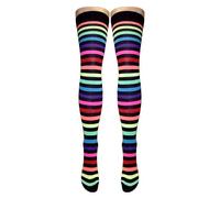 Silver Legs Patterned Socks for Women, Over The Knee Length, Various Prints, Cotton Blend, Machine Wash, UK Size 4-8 (Cotton Blend, Rainbow & Black Stripes)