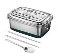 Silver Lunch Box, Stainless Steel Bento Boxes, 2000ml Double Tier Sandwich Box with Carrying Handle, Spoon and Chopsticks for Adults, Kids for Food Sandwich Salad Fruit, Picnic Box for Office School