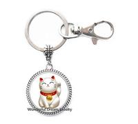 Silver Maneki Neko Lucky Cat Keychain,Pewter Maneki Neko Charm Keychain,Welcoming Cat Keychain, Chinese Lucky Cat Keychain，PU011 (Silver)