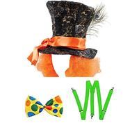 Silver® Mens Mad Hatter Hat with Orange Wig Peacock Feather, Brow Tie, Braces ~ Crazy Book Character Book Week Alice in Wonderland Fancy Dress Costume Set
