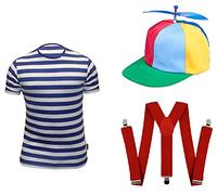 Silver® Men's Tweedle Dee/Dum Alice in Wonderland Fancy Dress Costume Set - Helicopter Propeller Hat, T-Shirt, Red Braces for Stag Night Party Clown Geek Tweedle Propeller Outfits (XXL)