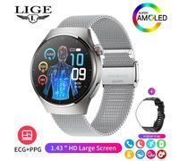 (silver, Mesh belt) LIGE New Men Smart Watch ECG+PPG Temperature Detection Heart Rate Health Tracking Smart Bracelet AMOLED 1.43” Full Touch Bluetooth Smart Watch