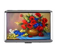Silver Metal Cigarette Case,Flowers Red Painting Flowers Life Picture Gallery Pocket Carrying Cigarette Box