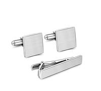 Silver Metal Cuff Link and Tie Clip Set, Stainless Steel Cufflinks and tie Bar Set Necktie Clasp for Business Wedding