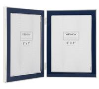 Silver Metal Edge 5x7'' Double Frames with Navy Enamel, Navy/Blue Double Frames 7x5'' with Velvet Backing for Shelf, Desk or Tabletop Display. Create Romantic Memories for Home or Gifting (5x7''