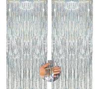 Silver Metallic Tinsel Foil Fringe Curtains - 2Pcs 3.2x6.7ft Photo Backdrop for 21-st Birthdays Decorations Christmas Bridal Bachelorette Anniversary Engagement Party Decorations