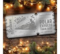 Silver Mirror Acrylic Ticket Christmas Train Polar Express Personalised Any Text Voucher | Custom Surprise Reveal Voucher Ticket | Announcement Greeting Card | Note Card