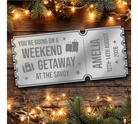 Silver Mirror Acrylic Ticket Weekend Away Getaway Surprise Trip Break Personalised Any Text Voucher | Custom Surprise Reveal Voucher Ticket | Announcement Greeting Card | Note Card