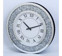 Silver Mirror Clock Crystal Sparkle Twinkle Bling Crush Diamond Mirrored Large Wall Clock for Wall Decoration Silver Glass Mirror Home Décor. AA Battery is not Included. (20 inches-Round)