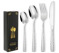 Silver Mixed Cutlery Sets, 24 Pcs Stainless Steel Mirror Polished Flatware Set with Knife Fork Spoon Dishwasher Safe Hammered Texture Silverware Cutlery for 6 People at Home/Restaurant/Hotel
