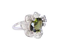 Silver Moldavite Cubic Zircon Ring 14x10mm Oval Faceted Green Prong Set Round Accent Sterling Silver Statement Jewelry N1/2, 54(17.20)
