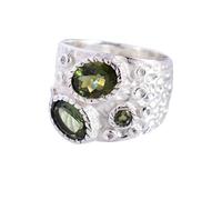 Silver Moldavite Ring 6x8mm Oval Faceted Green Bezel Set Round Accent Textured Sterling Silver Handmade Statement Ring P1/2, 57(18.1)