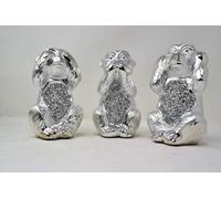Silver Monkeys Hear-No, See-No, Speak-No Evil Animal Statue Set Sparkle Ornament, Bling Crushed Diamond Detailing, Home Decor Trio, 10cm