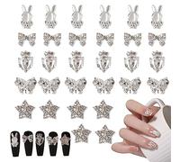 Silver Nail Charms,30PCS Shiny Nail Rhinestones Rabbit Butterfly Bow Star Nail Art Charms,Luxury Nail Decoration Metal Alloy Nail Gems Nail Jewelry for Women Girls Nail Design DIY Crafts