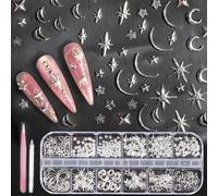 Silver Nail Charms with Star and Moon Shapes (12 Grids) - Metal Charms Kit with Tweezers & Pick-Up Pencil, Star Nail Charms, Moon Charms, Aesthetic Nail Gemstones for DIY Manicure Kit for