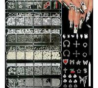 Silver Nail Charms Y2K Kit, 5 Boxes 3D Nail Charms and Gems Rhinestones for Nail Art Accessories, Silver Piercing Cross Charms for Nails Design Star, Flatback Pearls Caviar Beads for Nails Decor