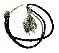 Silver Native American Indian Head Necklace on a Leather Look Cord, Apache Necklace, Line Dancing Necklace, Cowboy Boho Necklace