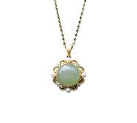 Silver Natural Hetian Jade Jasper Pendant Necklace Round Chinese Vintage Carved Inlaid Pearl Women Charm Jewelry