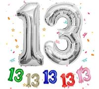 Silver Number 13 Balloon 40 Inch, Large 13 Number Balloon Big Foil Helium Number 13 Balloons, Silver 13th Birthday Decorations for Boys and Gilrs, 13 Year Anniversary Party Decorations Supplies