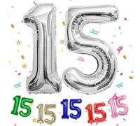 Silver Number 15 Balloon 40 Inch, Large 15 Number Balloon Big Foil Helium Number 15 Balloons, Silver 15th Birthday Decorations for Boys and Gilrs, 15 Year Anniversary Party Decorations Supplies