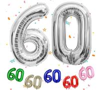 Silver Number 60 Balloon 40 Inch, Large 60 Number Balloon Big Foil Helium Number 60 Balloons, Silver 60th Birthday Decorations for Men and Women, 60 Year Anniversary Party Decorations Supplies