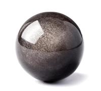 Silver Obsidian Ball Crystal Gemstone Ornament Divination Sphere Sculpture Figurine with Wood Stand for Feng Shui and Home Decor,9cm/3.5in Gemstone Stone