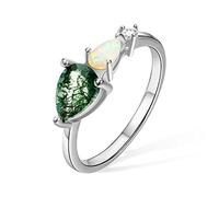 Silver Opal Ring Green Moss Agate Engagement Rings for Women 925 Sterling Silver Wedding Rings Jewellery Gifts for Her Womens Opal Stone Ring 18k Rose Gold Plated Bridal Rings Jewelry Gift