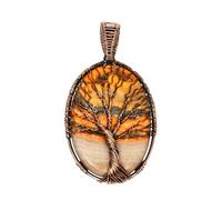 Silver Palace Tree of Life Natural Bumble Bee Jasper Gemstone Pendant, Oxidized Copper Wire Wrapped, Oval Shaped, Copper Jewelry Gift for Women