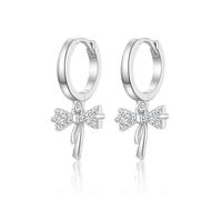 Silver Palted Hoop Earrings for Women, Bow Drop Earrings for Girls | Hypoallergenic Small Hoops Dangly Earrings, Christmas Birthday Valentines Party Jewellery Gift for Her