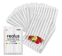 Silver Paper Sweet Bags Premium 5 x 7” | REALUS 100pk Small Empty Sweets Bag | MADE IN BRITAIN | Retro Candy Stripe Sweetie Bags - Perfect for Kids Party, Pic n Mix Shop, Wedding Favours, Popcorn