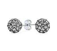 Silver Pave Crystal Disco Ball Stud Earrings for Women and Teens - Round, Simple, Basic Design - .925 Sterling Silver - 8MM
