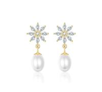 Silver Pearl Drop Earrings for Women, Christmas Snowflake Stud Earrings